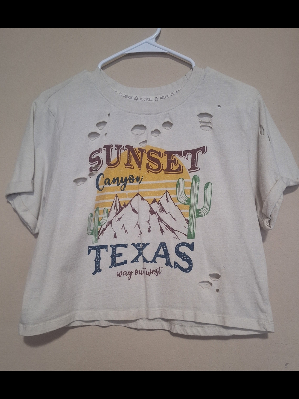 Sunset Canyon Texas Graphic Crop Top - Cream Distressed Cut Out